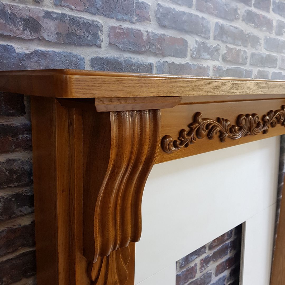 Ornate Oak Fire Surround Mantle Cream Marble Hearth Complete Gas