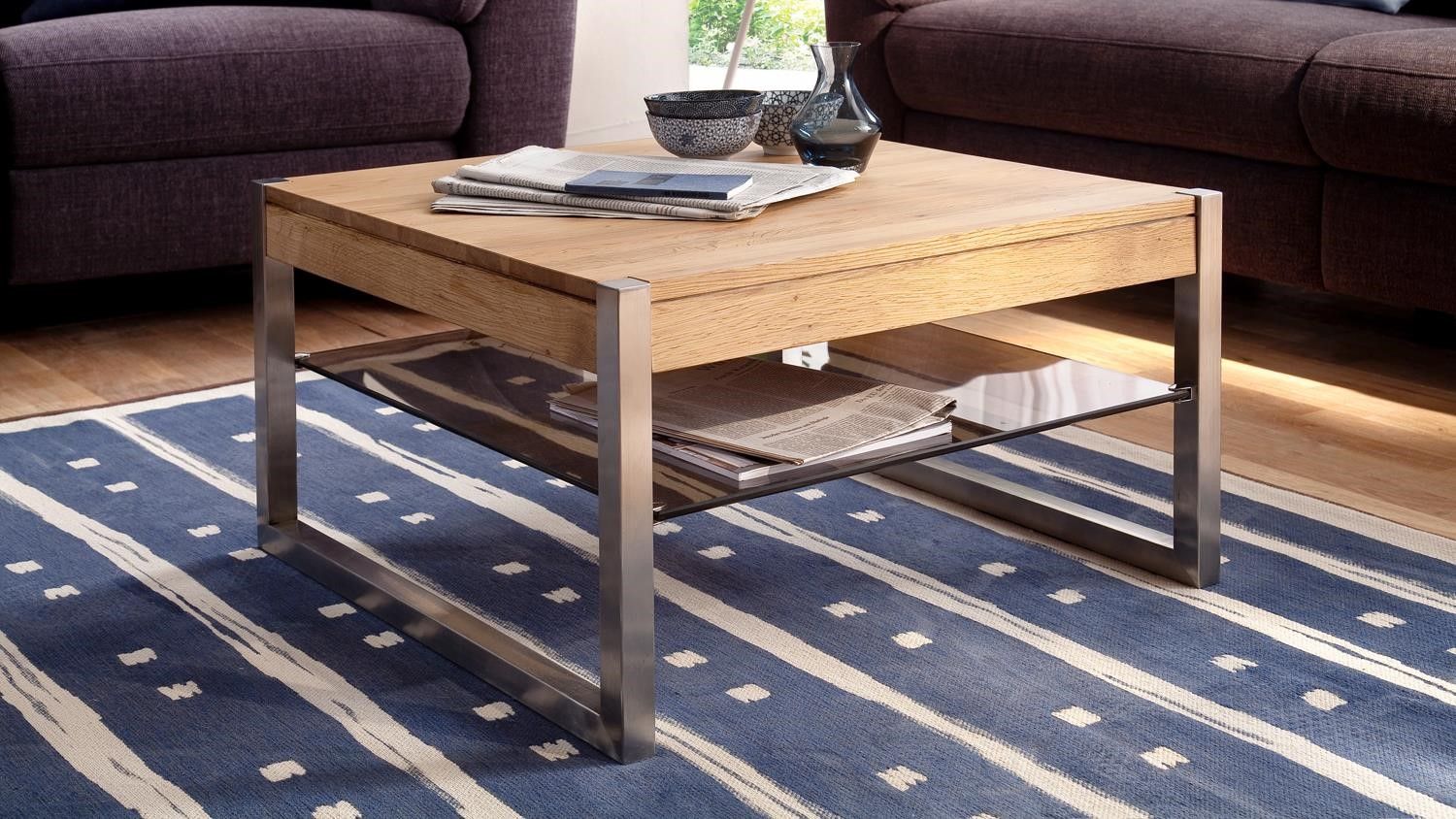 Details About Modanuvo Modern Solid Oak Coffee Table Glass Shelf Stainless Steel Metal Legs